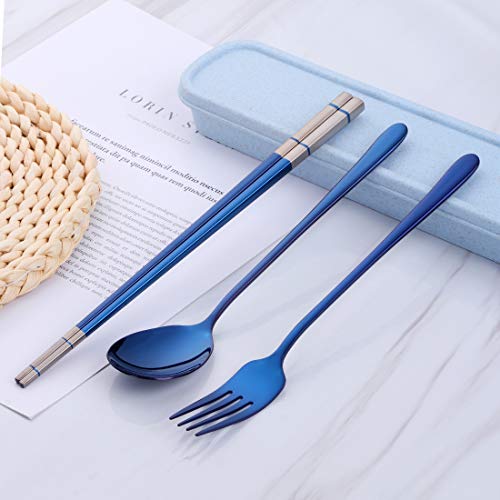 3 PCS Stainless Steel Travel Camping Flatware Set Fork Spoon Chopsticks with Portable Case, Blue - color: Blue