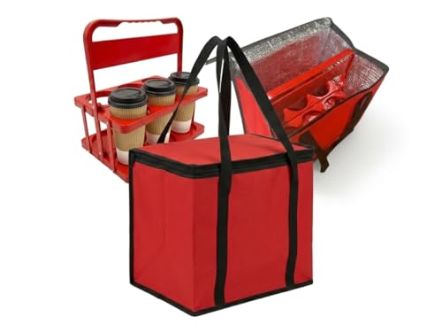 JoEzzy Insulated Food Delivery Bag & 6 Cup Drink Carrier Set – Thermal Drink Carrier Bag for Hot or Cold Food – Professional Red Delivery Bag Insulated Set & Foldable Drink Caddy