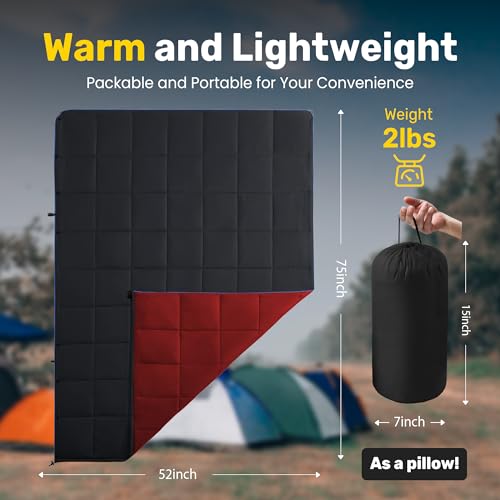 UNIKOME Waterproof Puffy Camping Blanket - Lightweight Packable Outdoor Quilt with Snaps & Corner Loops, Warm Compact Blanket for Cold Weather Hiking Picnic Stadium Travel, 75"×52", Black&Red - color: 04 Black&red