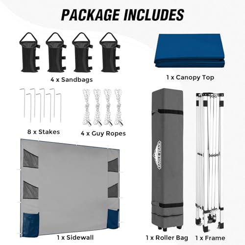 EAGLE PEAK Commercial Canopy 10x10 with Sidewall Storage, Easy OnePerson Setup Pop Up Canopy Tent with Roller Bag, Stakes, Ropes, and Weight Bags, Dark Blue - color: Dark Blue
