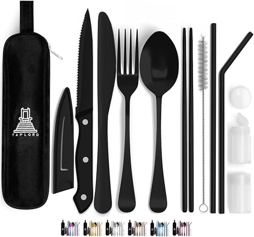 Taplord Portable Travel Silverware Set With Case, Includes 10 Pcs of Travel Utensils With Case, Stainless Steel Flatware Set For Camping, Lightweight (Black) - color: Black, size: 10 Pieces
