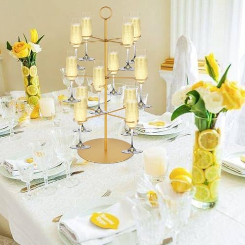 QPIX DIGITAL Champagne Tower,Metal Cocktail Tree Stand 3 Tier - 12 Holders For Champagne, Cocktails, Martini, Margarita Cups at Weddings,Bridal Parties & Events,Cocktail Glass Gold Holder - color: Gold, size: 24"x 13"-12 Holders