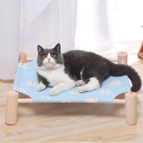 Pozico Cat & Dog Hammock Bed – Wooden Elevated Pet Cot with Breathable Mesh – Raised Cat Bed for Small Pets, Portable Puppy Bed Indoor & Outdoor Use – Blue Rabbit Design - color: Blue Rabbit