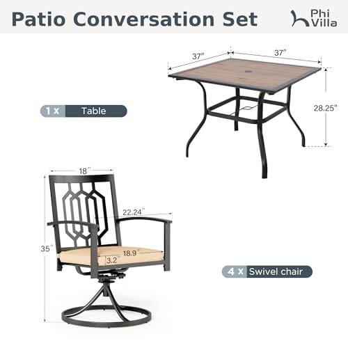 PHI VILLA 5 Pieces Outdoor Dining Set for 4, 37” Square Wrought Iron Table with Ploywood Tabletop & Swivel Metal Steel Chairs with Cushions, Outside Furniture Set for Patio, Porch, Deck, Backyard - color: Hexagon Back Swivel Chair, size: 5PCS-37" Wood Top