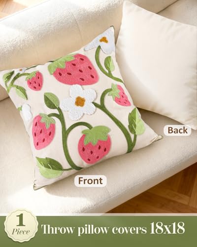 Embroidered Throw Pillow Cover 18x18 Inch - Spring Summer Boho Decorative Pillow Cover with Zipper for Living Room Couch Sofa Bed Aesthetic Design Branch Strawberry Cushion Pillowcase - color: Branch-strawberry, size: 18" x 18" (Pack of 1)
