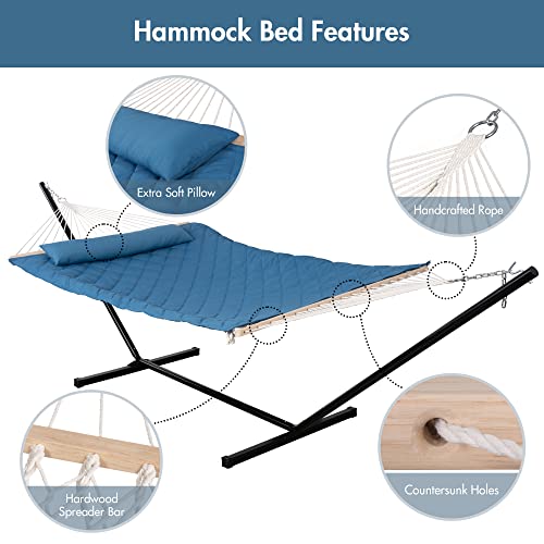 ANOW Double Hammock with Stand Included, Rope Hammock with Detachable Pillow and Pad for Outdoors Indoors, 450 LBS Weight Capacity, Blue - color: Blue, size: With Stand
