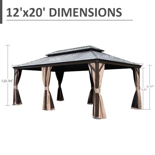 Domi 12' X 20' Hardtop Gazebo, Upgraded Metal Gazebo with Drainage System, Dual-Layer Galvanized Steel Roof, Curtain and Netting, Outdoor Shelter Canopy for Patio, Garden, and Backyard, Brown - color: Brown, size: 12'x20'/w gutter