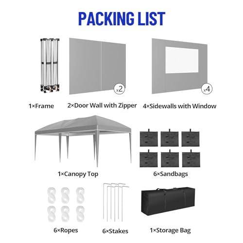 10x20 Pop Up Canopy with 6 Sidewalls, Waterproof Outdoor Wedding Gazebo Canopy with Removable Side Walls & 6 Sandbags | Ideal for Weddings, Parties, Backyard Events, Trade Shows - color: Gray
