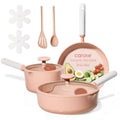 CAROTE Ceramic Cookware Set Nonstick, 9pcs Pots and Pans Set Non stick, Non-Toxic & PFAS-Free,Dishwasher, RV/Camping Cookware Set,Sauce Pan with Lid, Pink - color: Pink, size: Saucepan