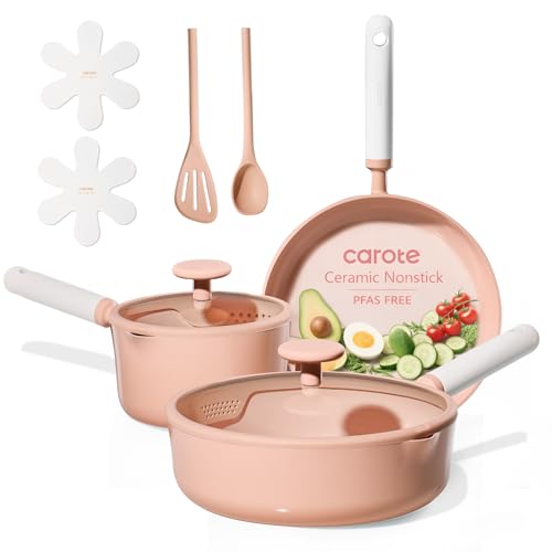 CAROTE Ceramic Cookware Set Nonstick, 9pcs Pots and Pans Set Non stick, Non-Toxic & PFAS-Free,Dishwasher, RV/Camping Cookware Set,Sauce Pan with Lid, Pink - color: Pink, size: Saucepan