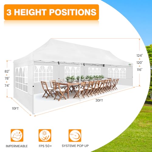 COBIZI 10x30 Pop up Canopy with Roller Bag & 8 Removable Sidewalls, Canopy Tent for Parties, Wedding, and Commercials, Waterproof and Instant Shelter UV50+ Outdoor Gazebo with 4 Sandbags(White) - color: White, size: 10x30FT