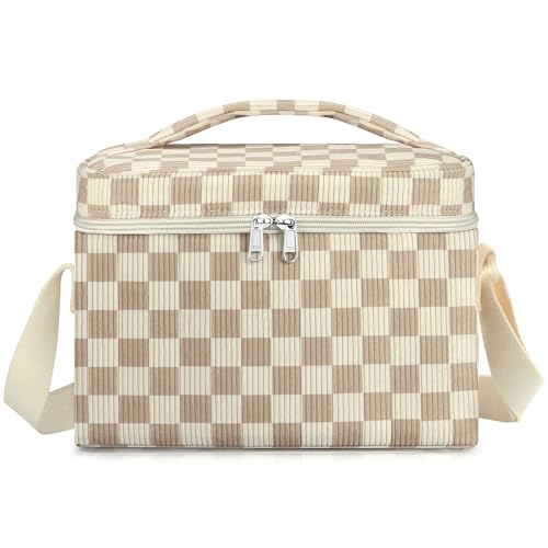 TESAFNG Insulated Lunch Bag for Women, Cute Corduroy Reusable Lunch Box for Adult, Leakproof Cooler Bag for Work Office Travel Picnic, Lunch Tote Bag with Adjustable Shoulder Strap (Checkered Khaki) - color: Checkered Khaki