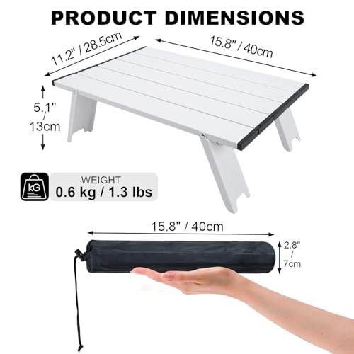 Small Folding Camping Table, Ultralight Portable Mini Beach Table with Carry Bag, Compact Low Side Picnic Tables Aluminum for Beach Camping, White - color: White