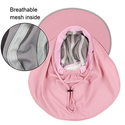 Muryobao Women's Sun Hat Outdoor UV Protection Foldable Mesh Hat Wide Brim Summer Beach Fishing Cap with Neck Flap - color: Pink