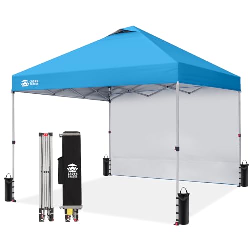 CROWN SHADES 10x10 Pop Up Canopy with 1 Side Wall - Beach Tent with One Push Setup - Outdoor Sun Shade for Events, Parties, Camping - Gazebo with STO-N-Go Cover Bag (Sky Blue) - color: Sky Blue, size: 10x10FT