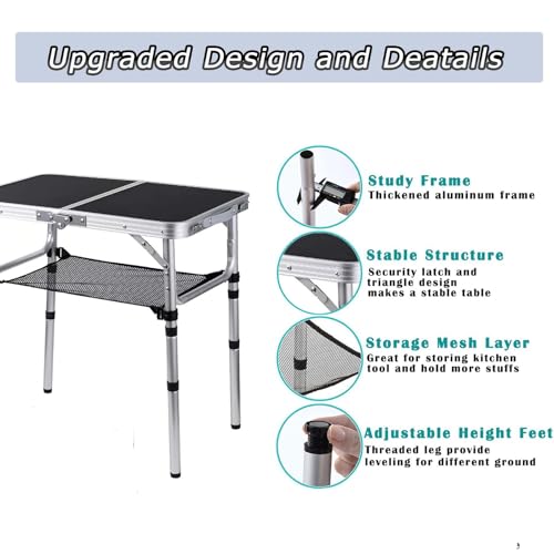 YihuiKo Folding Camping Table, Adjustable Height Folding Table, Portable Aluminum Small Folding Table with Carry Handle for Picnic, BBQ, Indoor, Office - size: 24"L x 16"W x 24"H