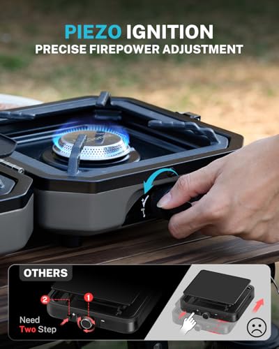 Gonex 2 Burner Propane Camping Stove with Griddle & Grates, Portable Foldable Cooking Stove with Total 16,000 BTU, Two Piezo Ignition Adjustable Burners for Camping, Patio, Emergency, Hiking (Grey) - color: Grey
