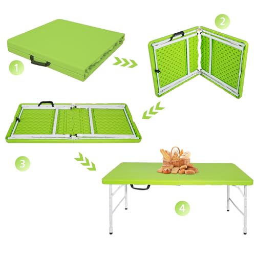 Portable 4Ft Folding Table, Heavy Duty Plastic Fold-in-Half Utility Foldable Table Small, Adjustable Height Plastic Folding Table with Carrying Handle for Camping & Party Indoor/Outdoor(Green) - color: Green, size: 4Ft