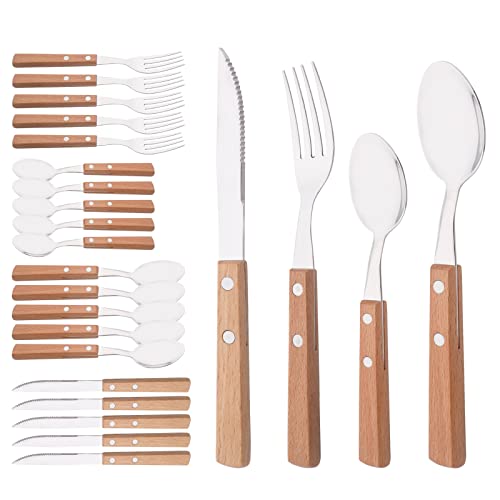 Silver Flatware Set with Natural Wood Handle, 24 PCS Silverware Set for 6, Premium 18/8 (304) Stainless Steel Cutlery Set, Forks Spoons and Knives Set for Home/Camping/Travel, Mirror Finish - size: 24-Piece for 6