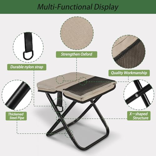Foldable Backpack Stool, Portable Stool & Pocket Chair for Camping Hiking, 220LBS Capacity Ultralight Collapsible Seat, Quick Setup for Fishing Travel Outdoor Activities（Khaki） - color: Khaki