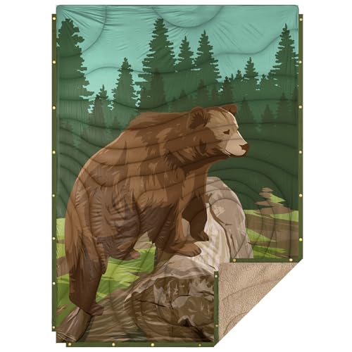 Outdoor Camping Blanket with Sherpa Lining, Extra Warm Thick Camp Blankets and Puffy Ultralight Soft Poncho DWR Camping Quilt for Cold Weather, Adventure, Sleeping, Backpacking 78"x 56" - color: Wheat Green, size: 78 x 56 inches