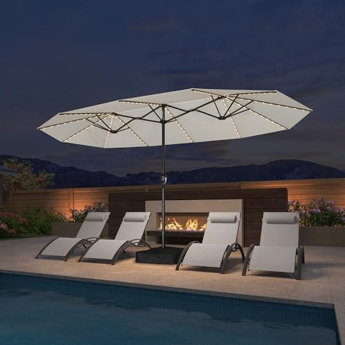 PURPLE LEAF 14ft Patio Market Umbrella with Solar LED and Base Double-Sided Rectangle Outdoor Table Sun Umbrellas with Crank for Pool Beach Deck Backyard Cream - color: Cream, size: 14' X 8' with Lights