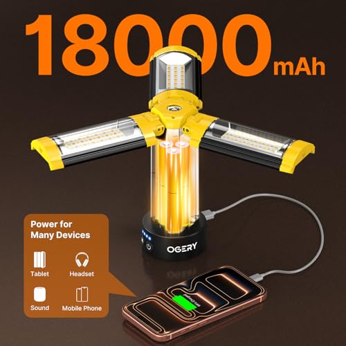 OGERY Camping Lights with Remote, 18000mAh Rechargeable Camping Lantern & LED Work Light, Detachable Tripod Stand up to 6.0 ft, 3 Lamp Heads for Camping Essentials & Emergency, Yellow - color: Yellow