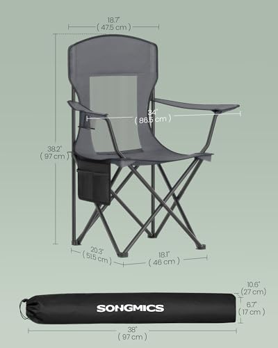 SONGMICS Breathable Camping Chairs, Foldable Outdoor Chairs Set of 2, High Back, Adjustable Armrests, Drink Holder, Weight Capacity 330 lb, for Sports Garden Backyard, Slate Gray UGCB028G01 - color: Grey, style: 2PC (20.3"D x 34"W x 38.2"H)