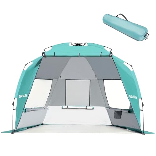Golabs BT1 Pop up Beach Tent Sun Shelter for 3-Person, 1-Minute Setup by Pre-Attached Pole & UPF 50+, Beach Shade with Detachable Floor Mat, Mesh for Clear View & Airflow, only 7 lbs & Pocket and Hook - color: GREEN