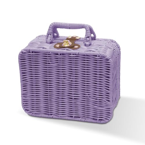 Mini Wicker Picnic Basket, Decorative Prop Suitcase Vintage Storage Hamper Makeup Organizer, 8.7" Metal Lock Rattan Storage Box with Handles for Sundries Travel Camping and Outdoor Party (Purple, S) - color: Purple, size: Small