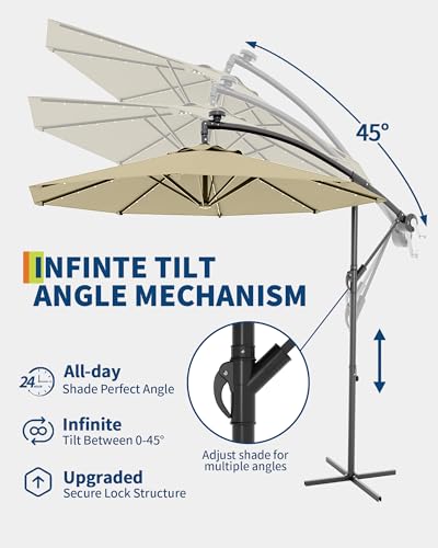 Jojoka 10FT Cantilever Patio Umbrella with Solar LED Lights - Offset Outdoor Umbrella - Easy Lift & Tilt - UV Protection - Fade Resistant - Ideal for Deck, Pool, Garden - color: Beige