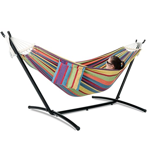 GAFETE Double Hammock with Stand for Outside, Upgraded Spreader Bar, Heavy Duty Space Saving Steel Stand 2 Person, Side Pockets, Easy Assembly, 600lbs Weight Capacity, Indoor & Outdoor (Classic Red) - color: Classic Red