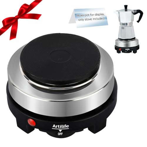 Artilife 500W Mini Electric Hot Plate - Moka Pot Special, 110V Compact RV Camping Stove, 4" Cast Iron Burner for Coffee, Low Wattage Portable