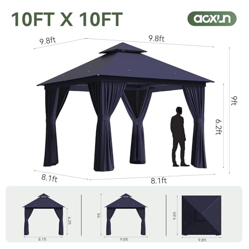 Aoxun Outdoor Gazebo for Patio 10x10 Metal Frame Canopy with Double Roofs Heavy Duty Party Tent and Shelter with Mosquito Netting and Privacy Screen for Backyard, Lawn, Garden, Deck (Navy Blue) - color: Navy Blue, size: 10 X 10