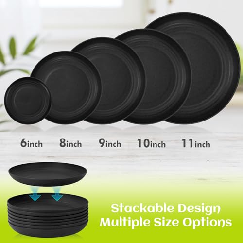 Homienly Wheat Straw Plates Set - 11 inch Reusable Large Dinner Plates Set of 8, Lightweight Unbreakable Salad Plates, Microwave and Dishwasher Safe Plates, Deep Plates for Dinner, Camping - Black - color: Black, size: 11 inch