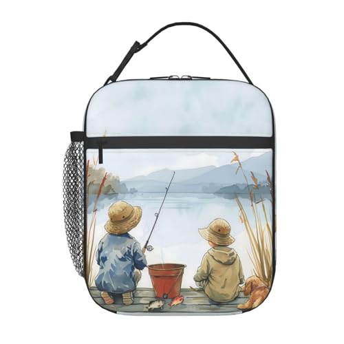 Reusable Fishing by the Lake Lunch Box for Kids Girls Boys Women Adult, Insulated Fun Lunch Bag,Polyester Cooler Handbags Case for School Picnic Work Travel Outdoor Beach or Hiking - color: Fishing 02