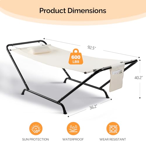 ONCLOUD Iron Hammock with Stand, Hammock Stand with Double-Layer Oxford Cloth Hammock, Portable Heavy-Duty Hammock for Outdoors, Garden, Patio, Yard, 550lbs (Beige) - color: Beige