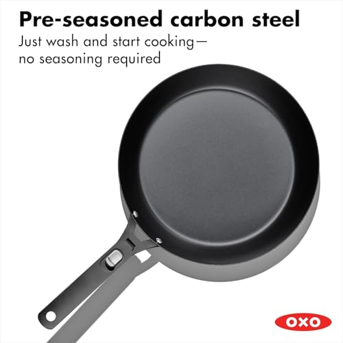 OXO Outdoor Pre-Seasoned Carbon Steel 12" Frying Pan Skillet, Detachable Handle for Easy Storage, Indoor Use, Nonstick with Use, Induction Suitable,Oven & Broiler Safe,Browning, Grill,Sear,Saute,Black - size: 12" Frying Pan Skillet Set