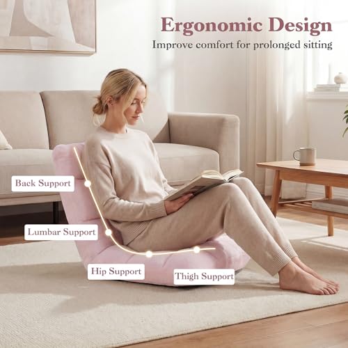 Giantex Folding Floor Chair with Back Support, 14 Adjustable Position, Padded Sleeper Bed, Couch Recliner, Gaming Video Chairs for Adults, Meditation, Living Room (Light Pink) - color: Light Pink, size: 26"x21"x21"