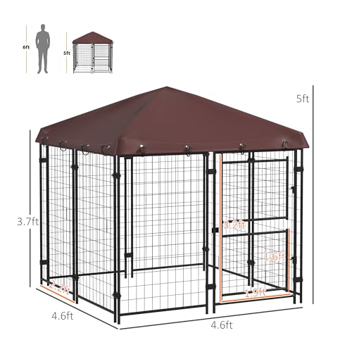PawHut 4.6' x 4.6' x 5' Dog Kennel Outdoor with Waterproof Cover, Dog Playpen for Small and Medium-Sized Breeds, Chickens, Ducks, with Two Part Door Design, Brown