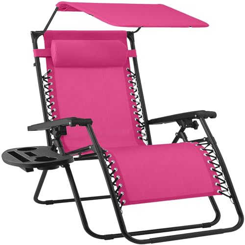 Best Choice Products 30” Wide Folding Zero Gravity Outdoor Recliner Patio Lounge Chair w/Adjustable Canopy Shade, Headrest, Side Accessory Tray - Hot Pink/Black - color: Hot Pink/Black, size: Oversized Extra Wide