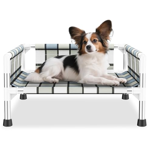 Elevated Raised Outdoor Dog Bed - Cooling Washable Dog Cot with Guardrail, Durable & Breathable Cotton Mesh Pet Hammock Beds with Stainless Steel Pipe Frame for Small Pets (20'' x 20'' x 12'') - size: 20'' x 20'' x 12''