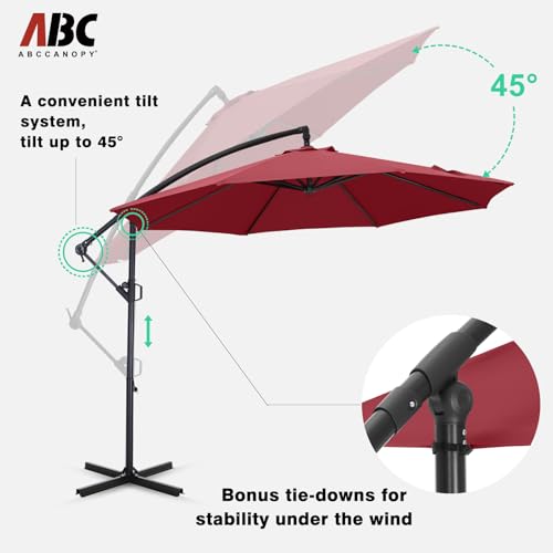 ABCCANOPY 10FT Cantilever Patio Umbrella with base included, 360° Rotation Outdoor Offset Umbrella for Backyard, Deck, Poolside (Burgundy)