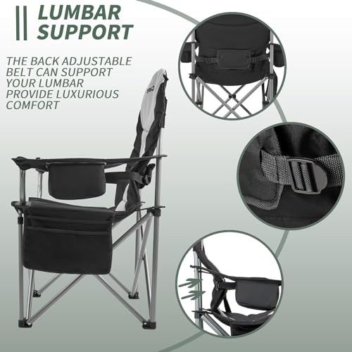 KingCamp Oversized Camping Folding Chair with Lumbar Support, Heavy Duty Ergonomic Padded Arm Chair with Cooler Bag, Cup Holder, Portable for Outdoor - color: Black/Mediumgrey