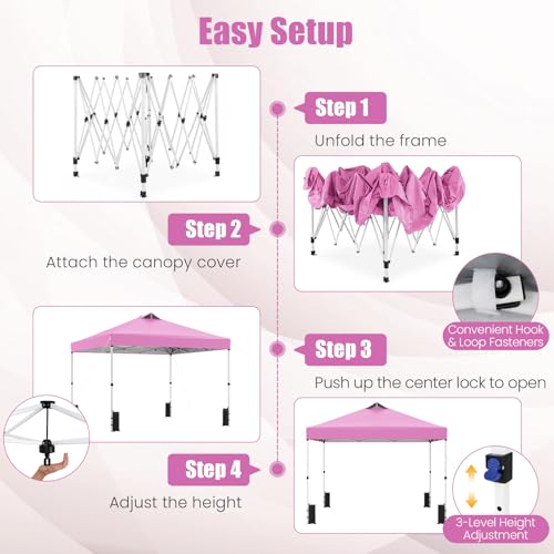 Tangkula 10 x10 Ft Pop Up Canopy with Center Lock, UPF 50+ One-Button Setup Outdoor Canopy Tent with Roller Bag, 4 Sand Bags, Heavy-Duty Steel Frame, 8 Stakes, 4 Ropes for Camping, Picnic (Pink) - color: Pink