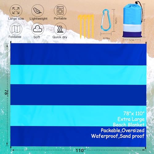 Beach Blanket Waterproof Sandproof Oversized Lightweight 78''×110'' 1-7 Adults Blanket Beach Large Picnic Mat for Travel Camping Hiking Picnic - color: Blue Mix, size: 78''x110''