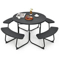 Tangkula 8 Person Picnic Table, Outdoor Round Picnic Table with 4 Built-in Benches, Umbrella Hole, Metal Frame & HDPE Tabletop, Outside Table and Bench Set for Backyard, 2300lbs Weight Capacity - color: Black