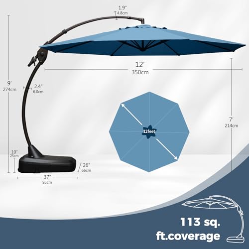 Grand patio 12 FT Sunbrella Cantilever Umbrella with Base Outdoor Aluminum Offset Umbrella with Tilt Adjustment (Sapphire Blue, 12 FT-SUNBRELLA) - color: Sapphire Blue-SUNBRELLA, size: 12 FT
