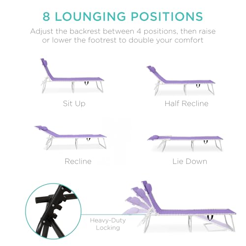 Best Choice Products Patio Chaise Lounge Chair, Portable Outdoor Folding Recliner for Lawn, w/ 8 Positions, Handles, 300lb Capacity - Lavender/White - color: Lavender/White