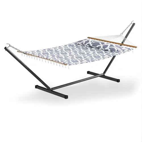 GarveeLife 57" 2 Person Outdoor Hammock, Widening Design Cotton Hammock with Metal Stand, Heavy Duty Construction, 450 LBS Weight Capacity, Light Grey - color: Light Grey